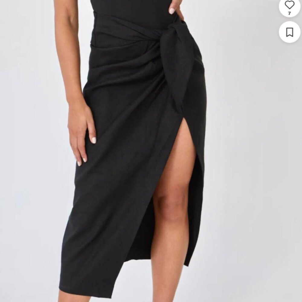 BOA Because Of Alice Faux Wrap Midi Skirt Size S Black Linen Slit Goth Witchy